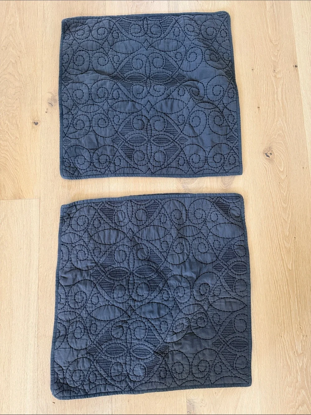 Pottery Barn Quilted Square Euro Shams (2) in Denim Blue Color 100% Cotton